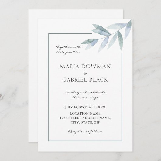 水エレガント色の葉ボタニカル結婚エアリー 招待状 (正面/裏面)