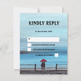 水エレガント色の赤い傘の組結婚合 出欠カード