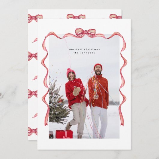 水エレガント色の赤い弓クリスマスフォトホリデー シーズンカード (正面/裏面)