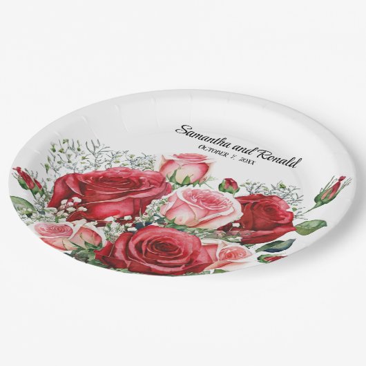 水エレガント色の赤とピンクのバラ結婚ズ ペーパープレート (アングル)