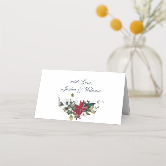 水エレガント色の赤ポインセチア結婚のテーブル プレイスカード (裏面)