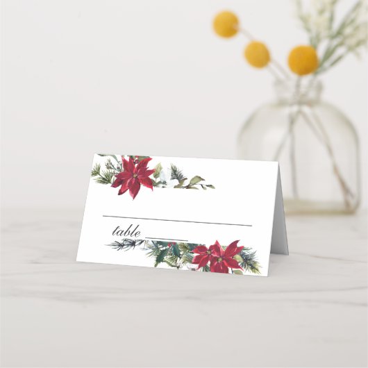 水エレガント色の赤ポインセチア結婚のテーブル プレイスカード (正面)