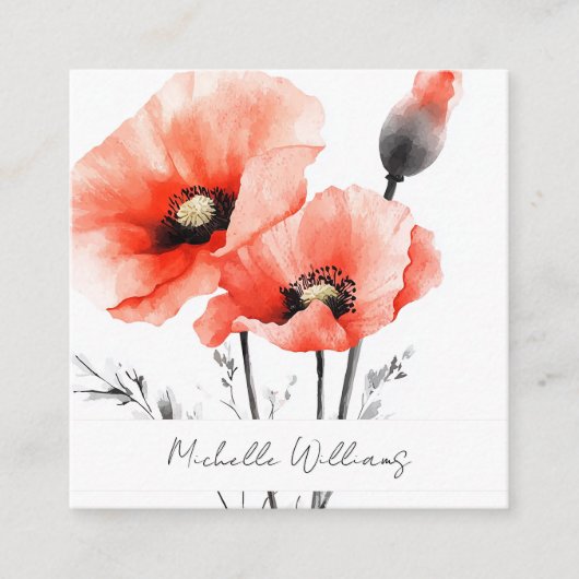 水エレガント色の赤ポピーフローラ スクエア名刺 (正面)