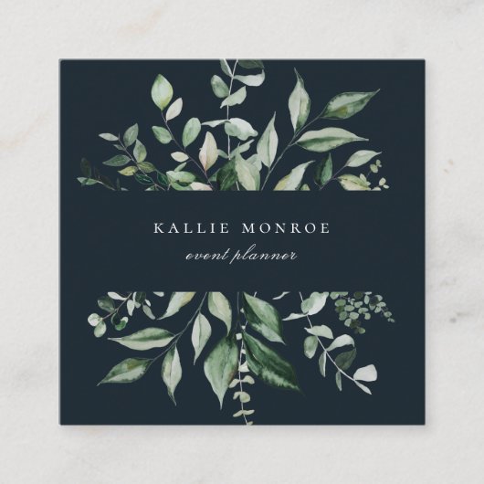 水エレガント色の野生の葉ダークブルー スクエア名刺 (正面)