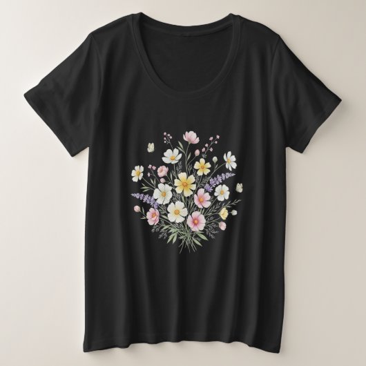 水エレガント色の野花と蝶 プラスサイズTシャツ (デザイン正面)