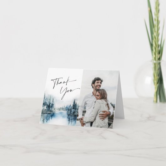 水エレガント色の霧の森の結婚写真 サンキューカード (正面)