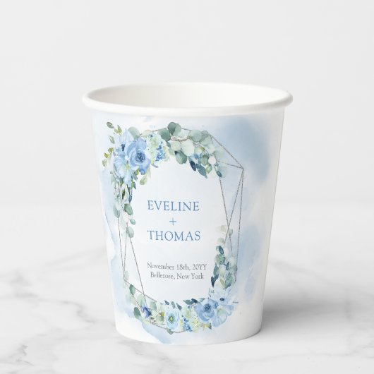水エレガント色の青いフローラの結婚緑 紙コップ (裏面)