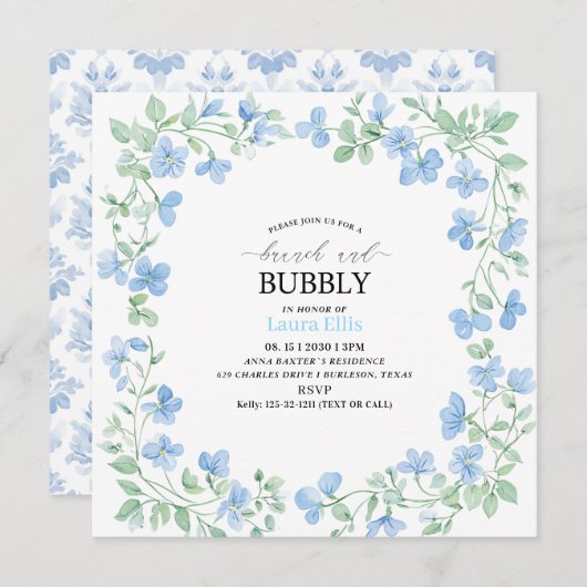 水エレガント色の青い花がブランチと泡 招待状 (正面/裏面)