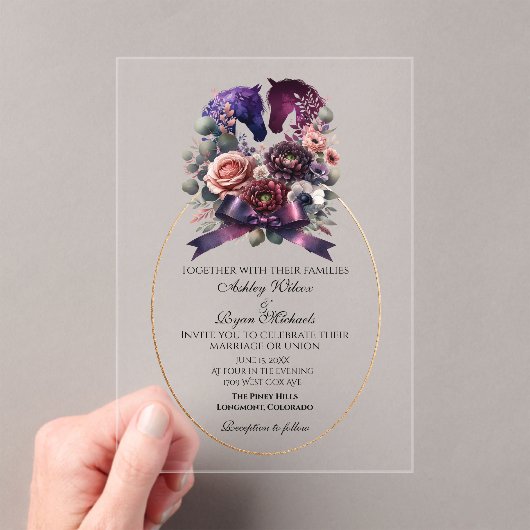 水エレガント色の馬術結婚の アクリル招待状 (インサイチュ (ポータブル))