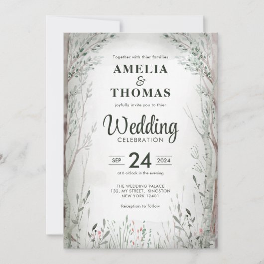 水エレガント色の魅惑された森の木結婚の 招待状 (正面)