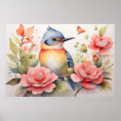 水エレガント色の鳥のフローラアートリアル ポスター (正面)