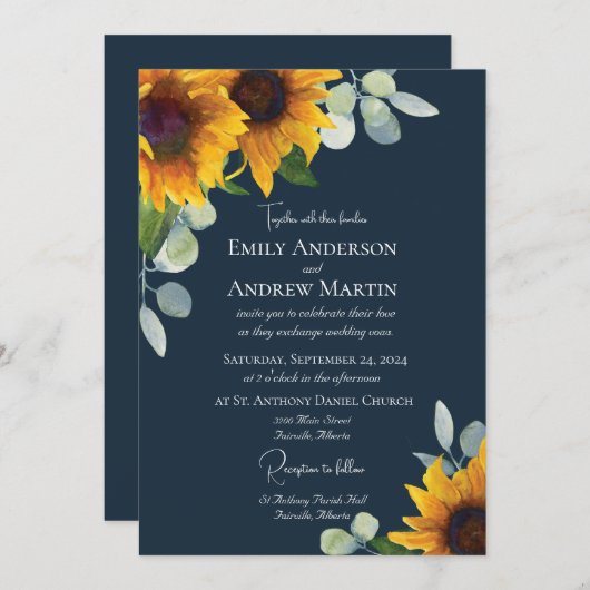 水エレガント色ひまわりネイビーブルー結婚ズ 招待状 (正面/裏面)