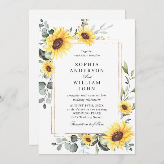 水エレガント色ひまわりユーカリ結婚ス 招待状 (正面/裏面)