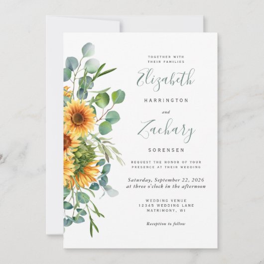 水エレガント色ひまわりユーカリ結婚ス 招待状 (正面)