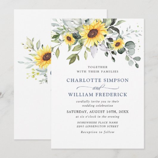 水エレガント色ひまわりユーカリ結婚ス 招待状 (正面/裏面)