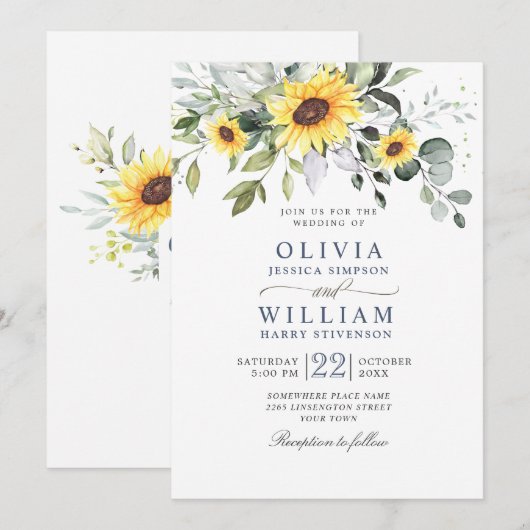 水エレガント色ひまわりユーカリ結婚ス 招待状 (正面/裏面)