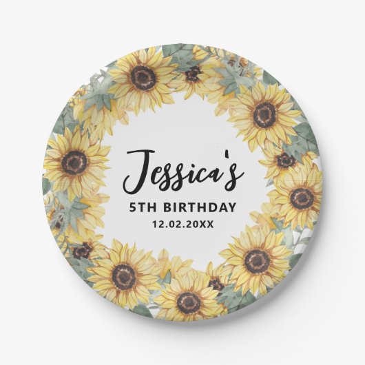 水エレガント色ひまわりリース枠誕生日 ペーパープレート (正面)