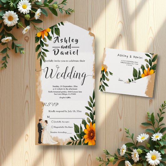 水エレガント色ひまわり夏フローラ結婚ズ オールインワン招待状
