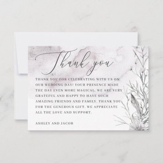 水エレガント色ほこりっぽい紫のフローラ結婚の色 サンキューカード (正面)