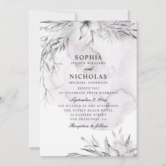 水エレガント色ほこりっぽい紫のフローラ結婚の色 招待状 (正面)