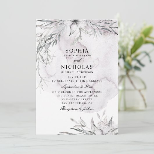 水エレガント色ほこりっぽい紫のフローラ結婚の色 招待状 (スタンド正面)