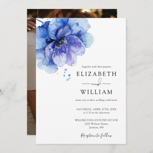 水エレガント色ほこりっぽい青いフローラ写真結婚の 招待状 (正面/裏面)