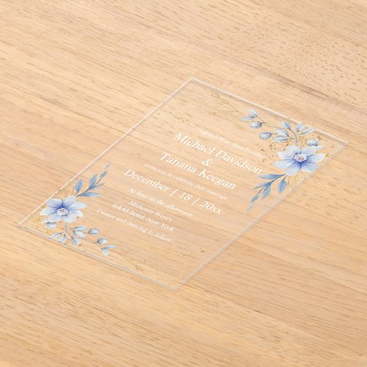 水エレガント色ほこりっぽい青いフローラ結婚の色 アクリル招待状 (レイダウン)