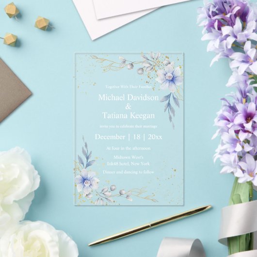 水エレガント色ほこりっぽい青いフローラ結婚の色 アクリル招待状 (インサイチュ (ウェディング))