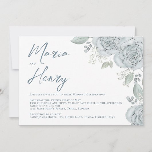 水エレガント色ほこりっぽい青フローラバラQRコード 招待状 (正面)