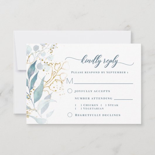 水エレガント色ほこりっぽい青フローラ金ゴールドミール 出欠カード (正面)