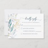 水エレガント色ほこりっぽい青フローラ金ゴールド結婚 出欠カード (正面)