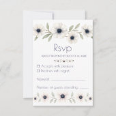 水エレガント色アイボリーネイビーブルーアネモーネ結婚ズ 出欠カード (正面)