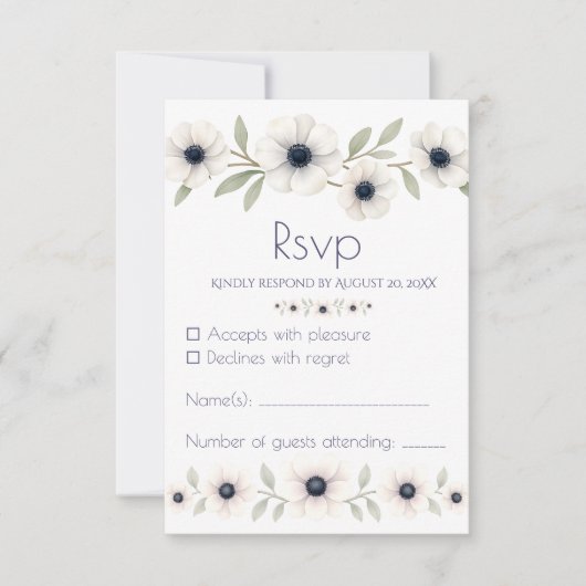水エレガント色アイボリーネイビーブルーアネモーネ結婚ズ 出欠カード (正面)