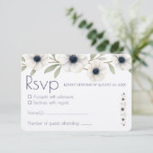 水エレガント色アイボリーネイビーブルーアネモーネ結婚ズ 出欠カード (スタンド正面)