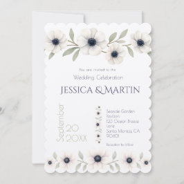 水エレガント色アイボリーネイビーブルーアネモーネ結婚ズ 招待状