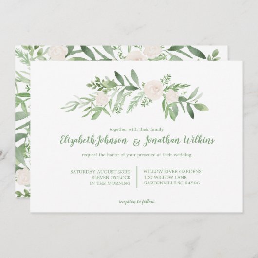 水エレガント色アイボリーバラ結婚式 招待状 (正面/裏面)