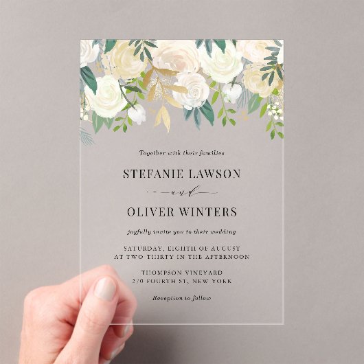 水エレガント色アイボリー牡丹ゴールドフォイル結婚ズ アクリル招待状 (インサイチュ (ポータブル))