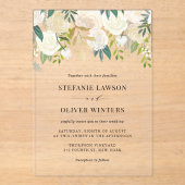 水エレガント色アイボリー牡丹ゴールドフォイル結婚ズ アクリル招待状 (正面)