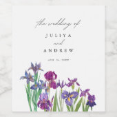 水エレガント色アイリスの花のスクリプ結婚ト ワインラベル (シングルラベル)