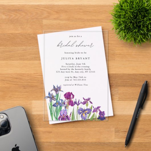 水エレガント色アイリス花ブライダルシャワー アクリル招待状 (インサイチュ (招待状))