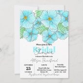 水エレガント色アクアブルーフラワーズブライダルシャワー 招待状 (正面)