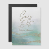 水エレガント色アクア海&金ゴールド保存日 マグネット招待状 (正面/裏面)