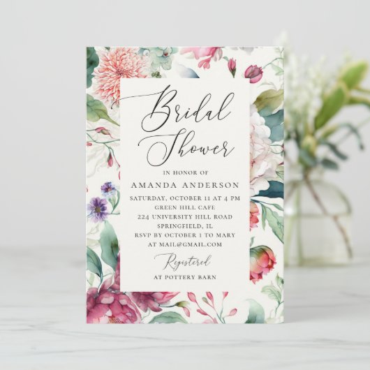 水エレガント色アジアボホフローラブライダルシャワー 招待状 (スタンド正面)