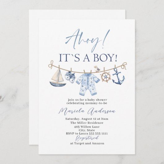 水エレガント色アホイそれは男の子の赤ちゃんシャワーである 招待状 (正面/裏面)