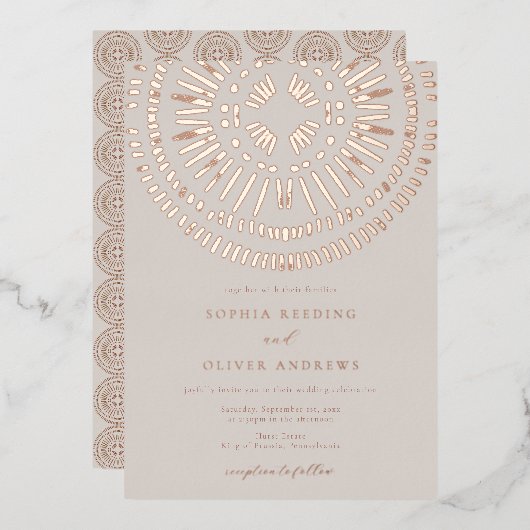 水エレガント色アールデコトロピカル結婚ズ 箔招待状 (正面/裏面)