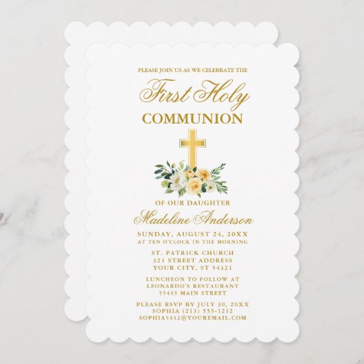 水エレガント色イエローホワイトフローラ聖体 招待状 (正面/裏面)