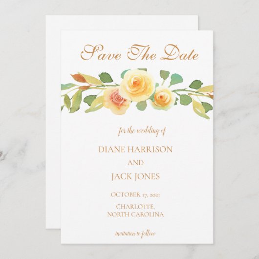 水エレガント色イエローローズブーケ 招待状 (正面/裏面)