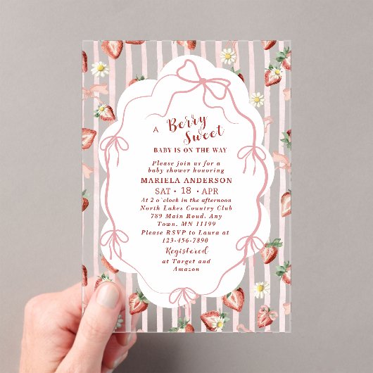水エレガント色イチゴ女の子ベビーシャワー アクリル招待状 (インサイチュ (ポータブル))