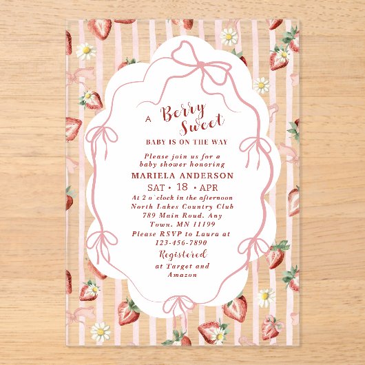水エレガント色イチゴ女の子ベビーシャワー アクリル招待状 (正面)