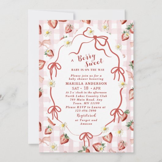 水エレガント色イチゴ女の子ベビーシャワー 招待状 (正面)